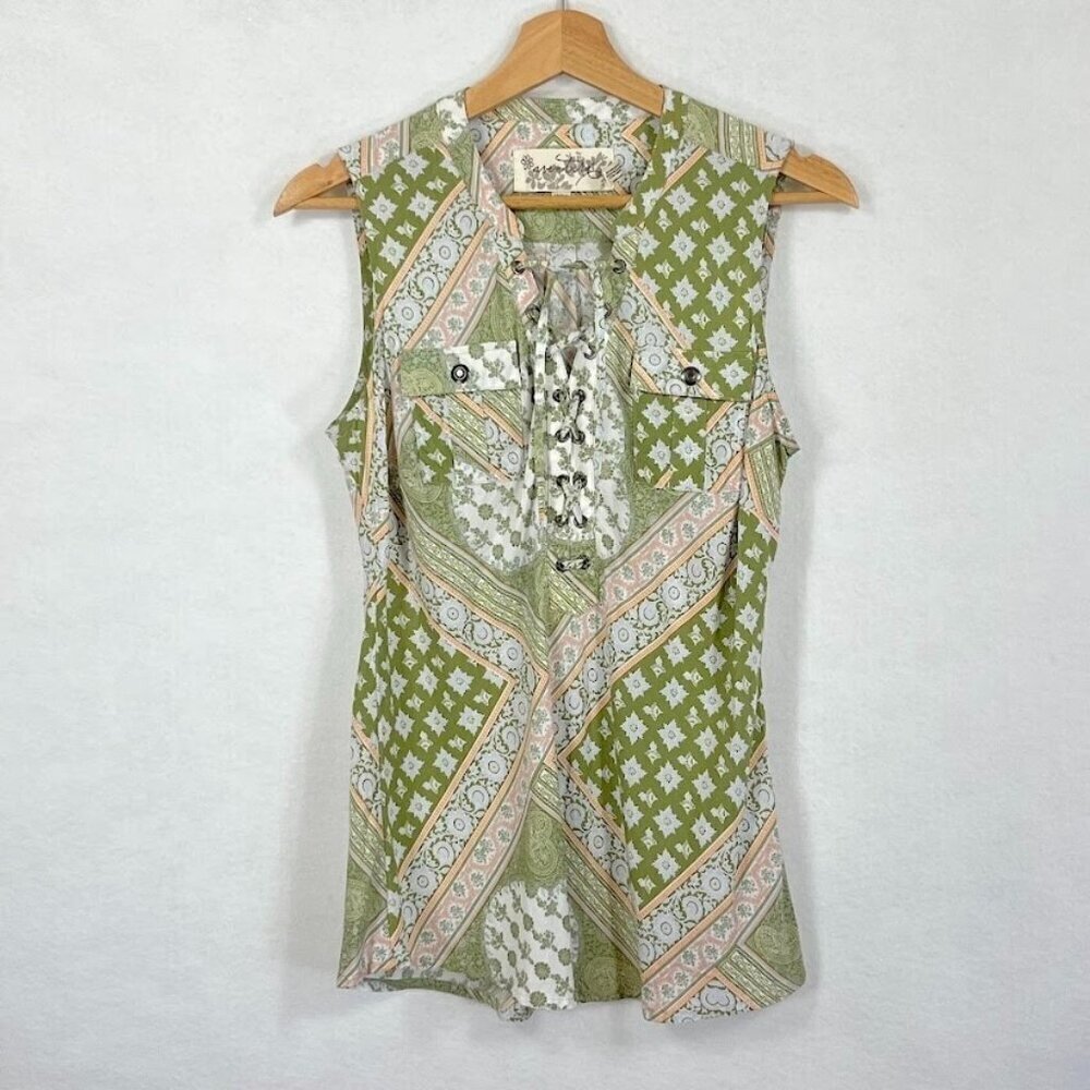 Aventura Patchwork Tank Top Lace Up Neckline Lightweight Boho Cottage Ethical M